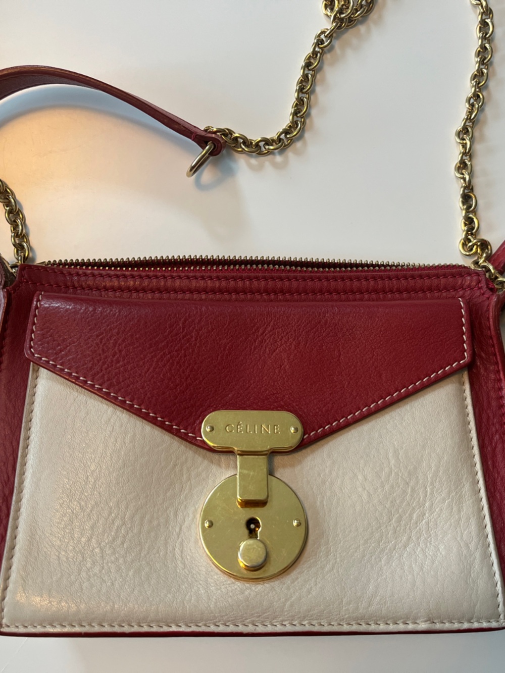 Vintage Celine- Red and Cream Leather Chain Crossbody Bag